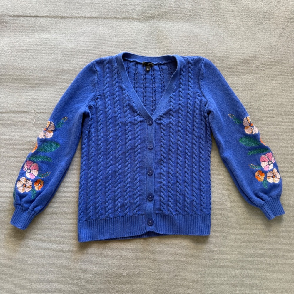 Talbots Women's Cable Knit Cardigan Floral Embroidered Sleeves Cotton Size S